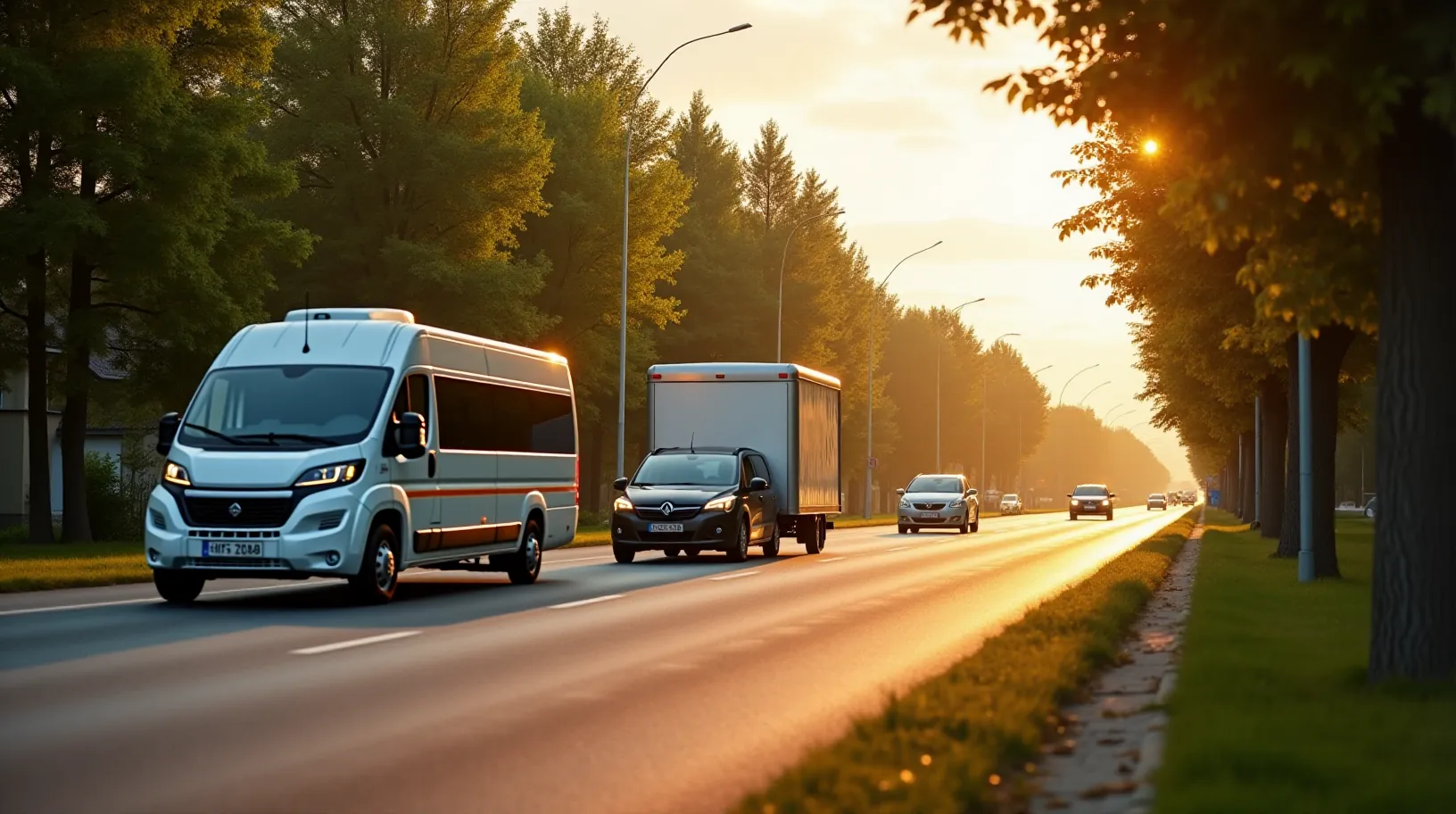 Bus osobowy i auto z przyczepą wyjeżdżają rano z placu wypożyczalni na ulicę
